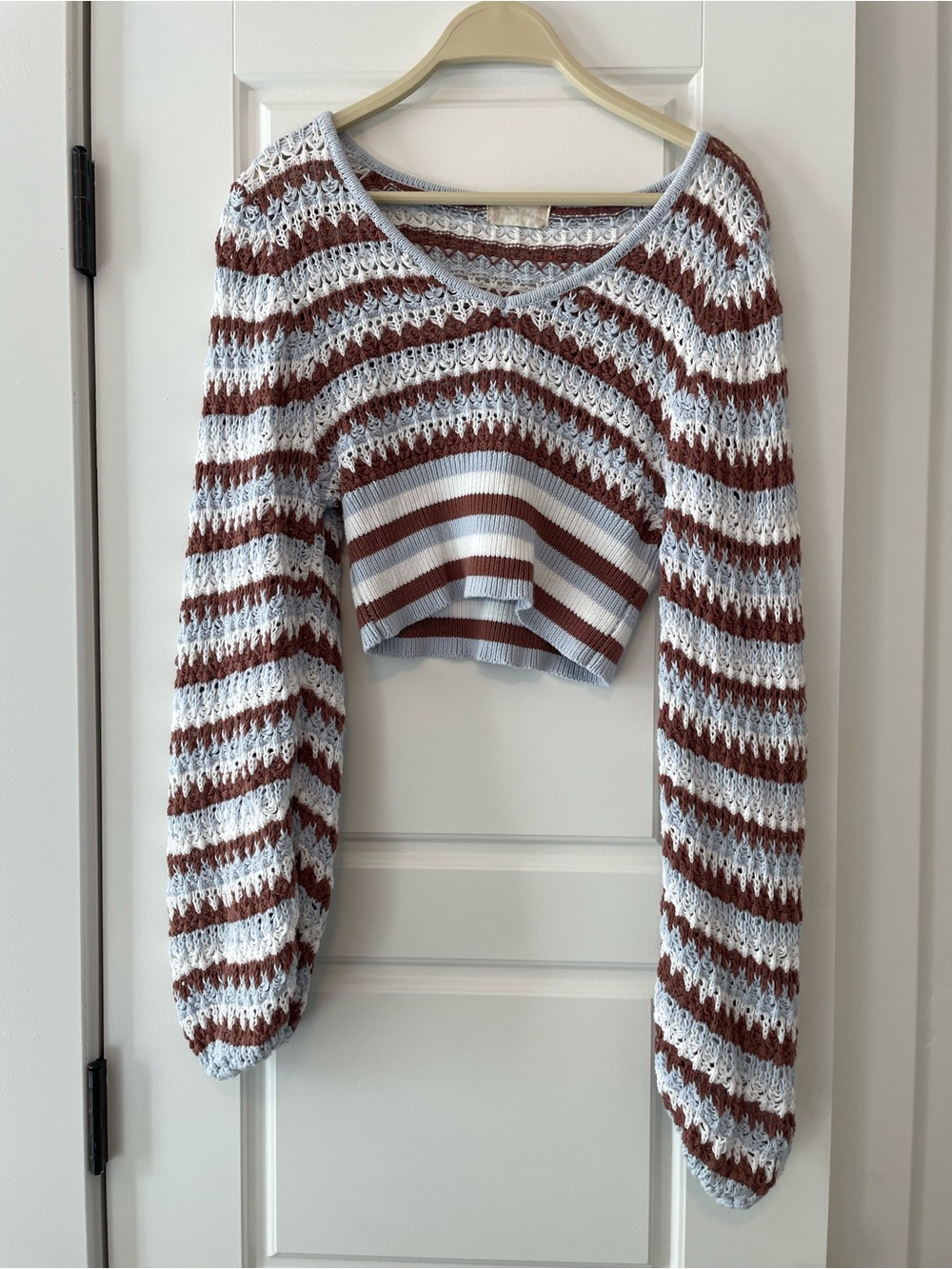 Altar'd State Light Blue and Brown Striped V-Neck Cropped Sweater